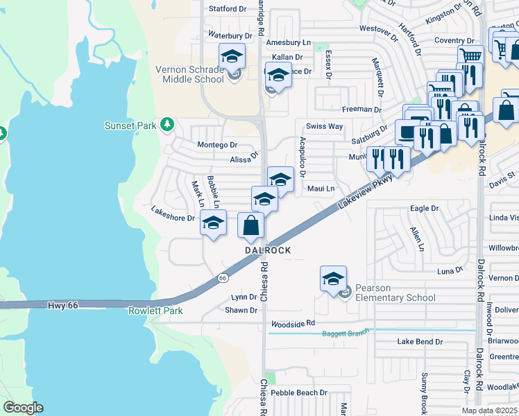 map of restaurants, bars, coffee shops, grocery stores, and more near 5800 Chiesa Road in Rowlett