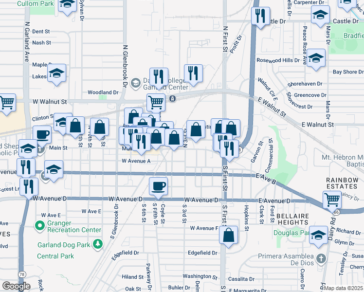 map of restaurants, bars, coffee shops, grocery stores, and more near 303 Main Street in Garland