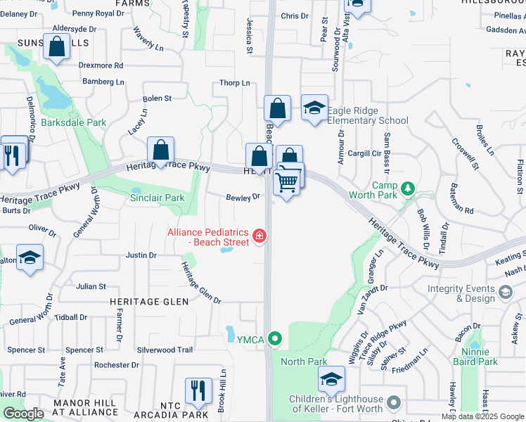 map of restaurants, bars, coffee shops, grocery stores, and more near 9557 North Beach Street in Fort Worth