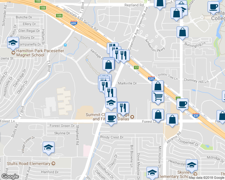 map of restaurants, bars, coffee shops, grocery stores, and more near 11912 Greenville Avenue in Dallas