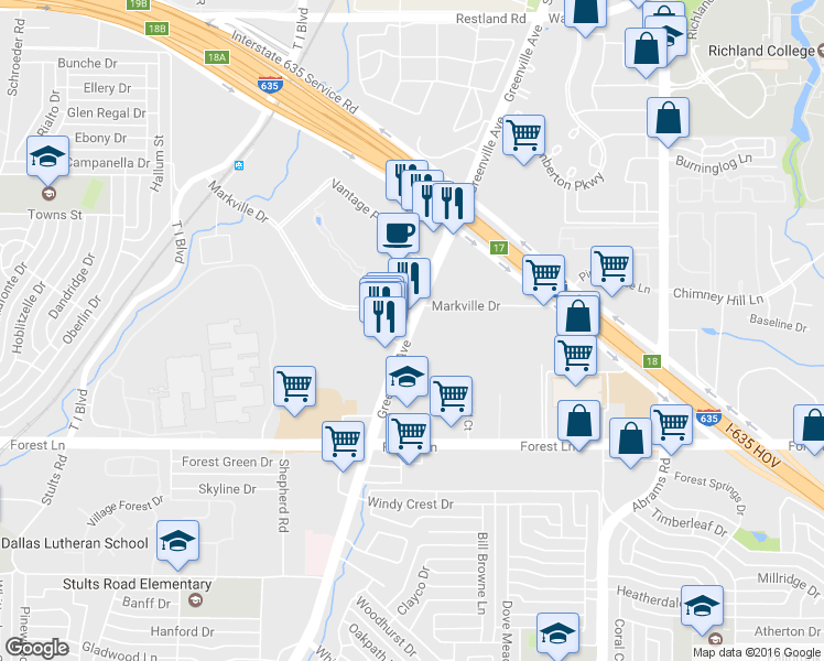 map of restaurants, bars, coffee shops, grocery stores, and more near 11914 Greenville Avenue in Dallas
