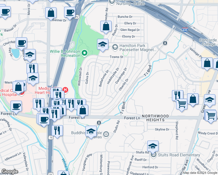 map of restaurants, bars, coffee shops, grocery stores, and more near 12028 Hoblitzelle Drive in Dallas