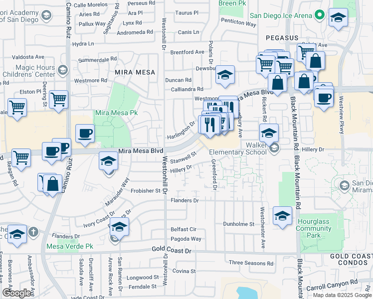 map of restaurants, bars, coffee shops, grocery stores, and more near 8845 Mira Mesa Boulevard in San Diego