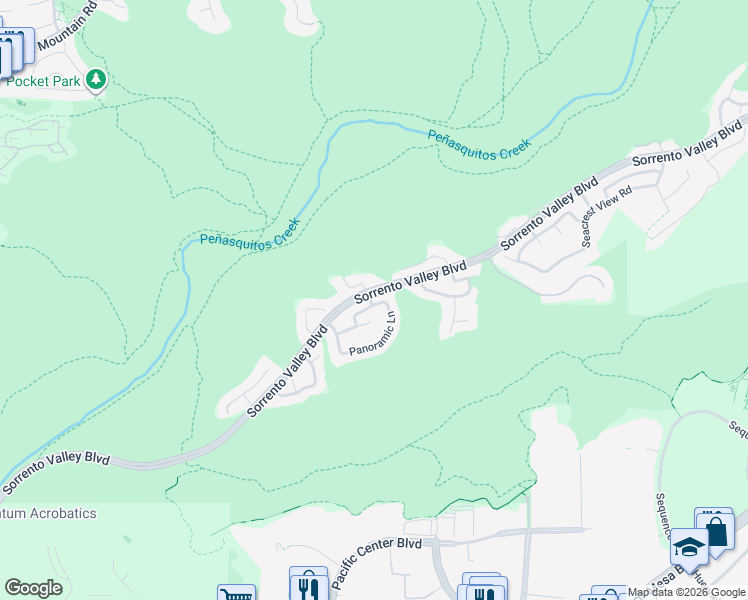 map of restaurants, bars, coffee shops, grocery stores, and more near 10716 Passerine Way in San Diego