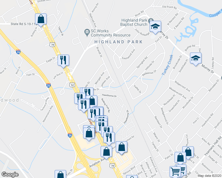 map of restaurants, bars, coffee shops, grocery stores, and more near 6262 Lucille Drive in North Charleston