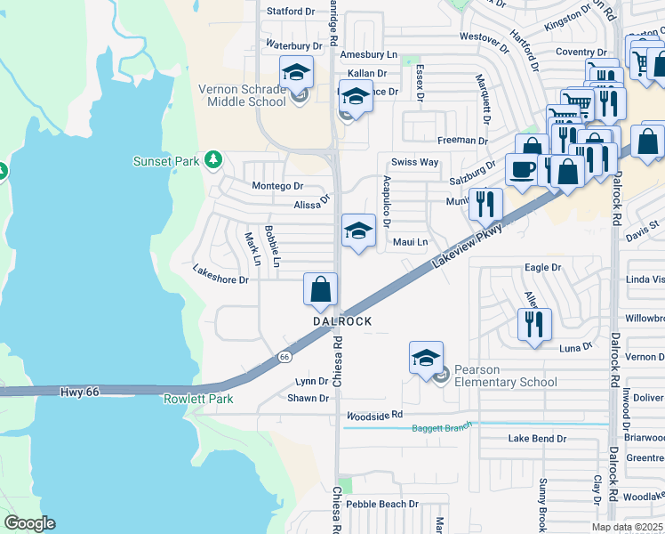 map of restaurants, bars, coffee shops, grocery stores, and more near 5800 Chiesa Road in Rowlett