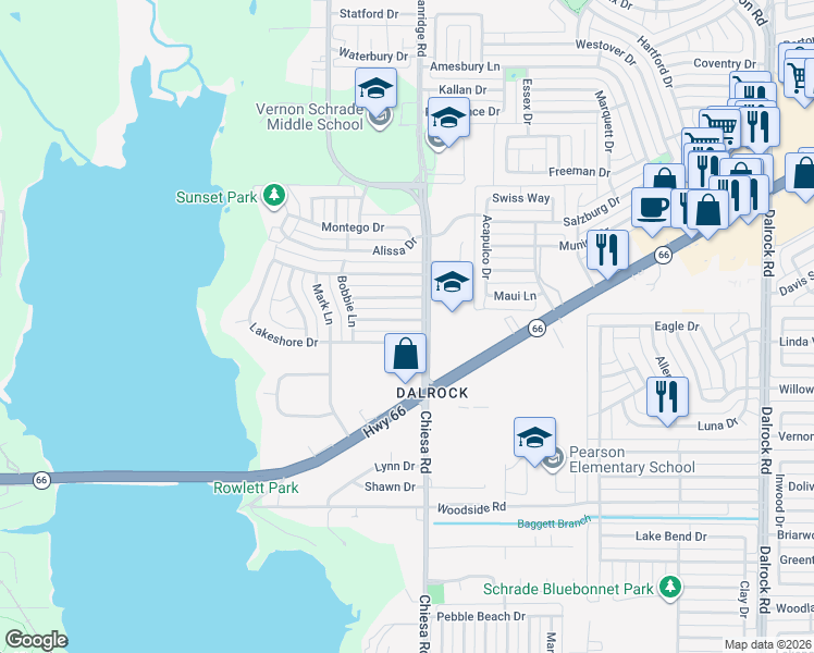map of restaurants, bars, coffee shops, grocery stores, and more near 7214 Timberline Drive in Rowlett