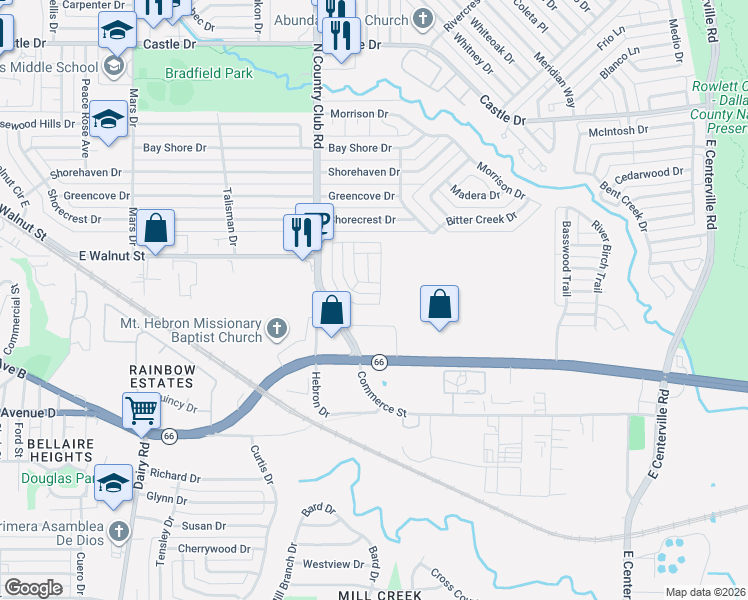map of restaurants, bars, coffee shops, grocery stores, and more near 338 Myrtle Beach Drive in Garland