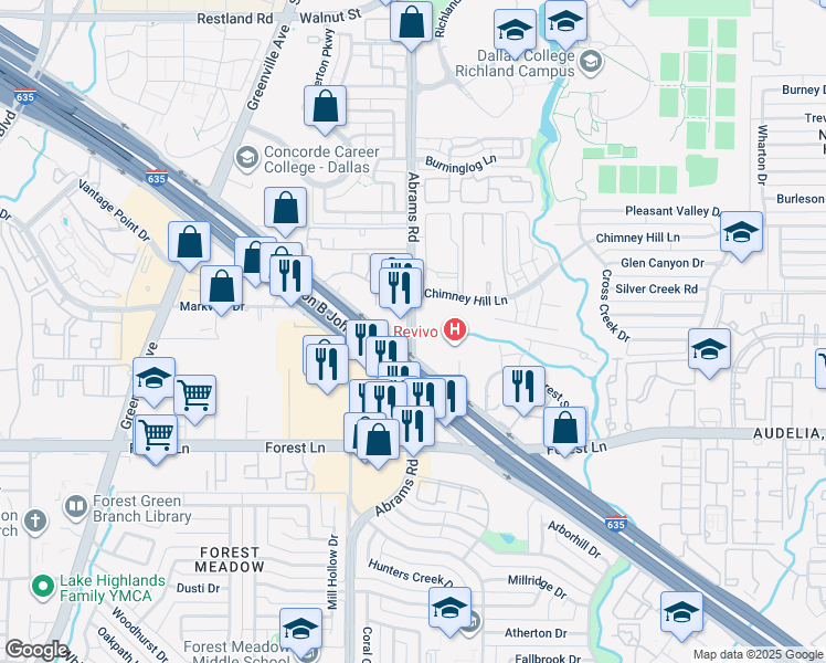 map of restaurants, bars, coffee shops, grocery stores, and more near 9451 Lyndon B Johnson Freeway in Dallas