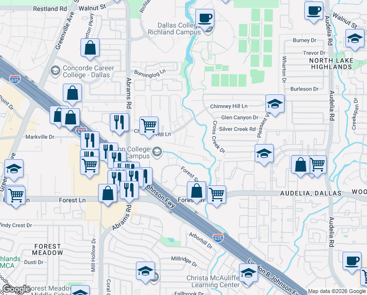 map of restaurants, bars, coffee shops, grocery stores, and more near 9800 Baseline Drive in Dallas