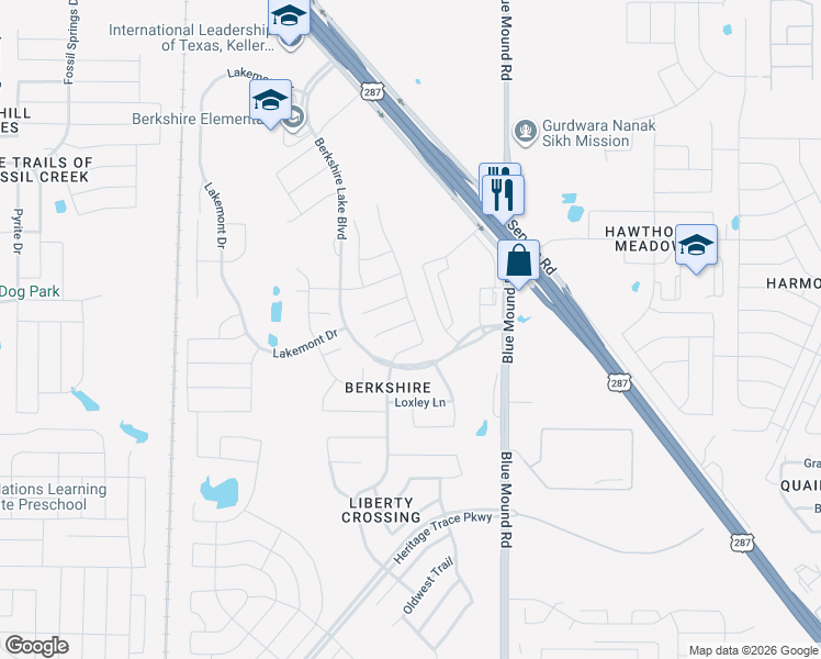 map of restaurants, bars, coffee shops, grocery stores, and more near 629 Bridgewater Road in Fort Worth