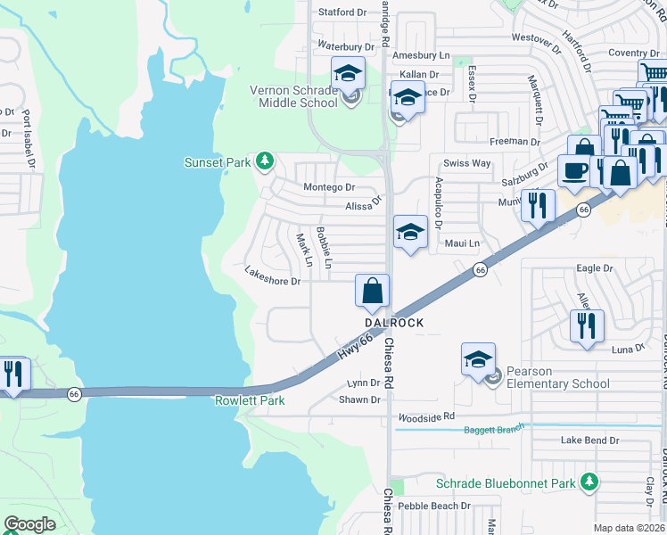 map of restaurants, bars, coffee shops, grocery stores, and more near 7102 Timberline Drive in Rowlett