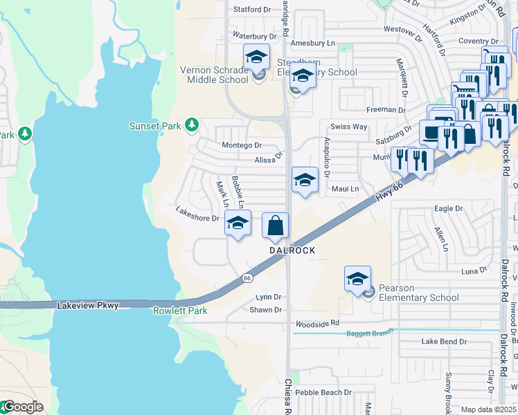map of restaurants, bars, coffee shops, grocery stores, and more near 7202 Timberline Drive in Rowlett