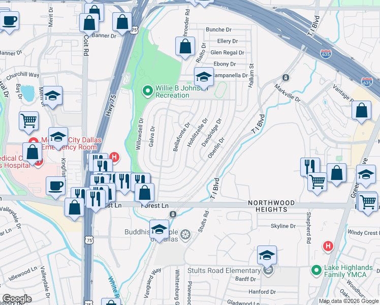 map of restaurants, bars, coffee shops, grocery stores, and more near 12028 Hoblitzelle Drive in Dallas