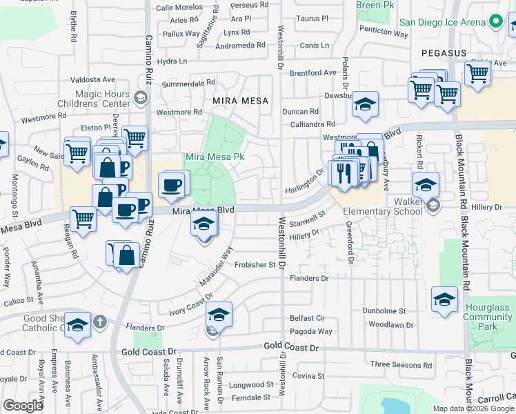 map of restaurants, bars, coffee shops, grocery stores, and more near Mira Mesa Boulevard & New Salem Street in San Diego