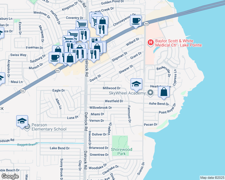map of restaurants, bars, coffee shops, grocery stores, and more near 9014 Millwood Drive in Rowlett