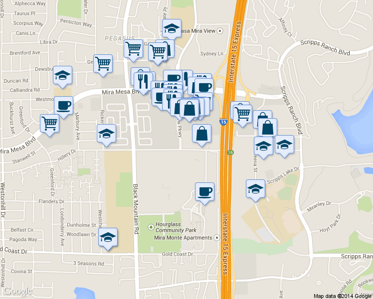 map of restaurants, bars, coffee shops, grocery stores, and more near 9304 Westview Parkway in San Diego