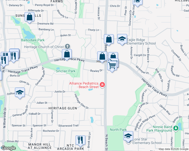map of restaurants, bars, coffee shops, grocery stores, and more near 9524 Peat Court in Fort Worth