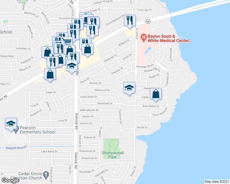 map of restaurants, bars, coffee shops, grocery stores, and more near 9206 Millwood Drive in Rowlett