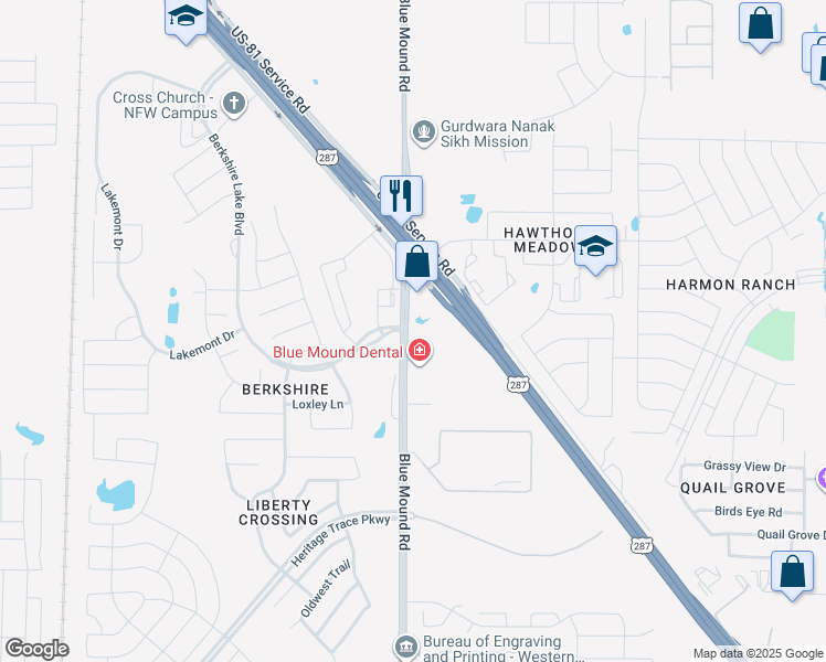 map of restaurants, bars, coffee shops, grocery stores, and more near 9840 Blue Mound Road in Fort Worth