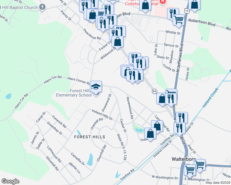 map of restaurants, bars, coffee shops, grocery stores, and more near 105 Center Street in Walterboro