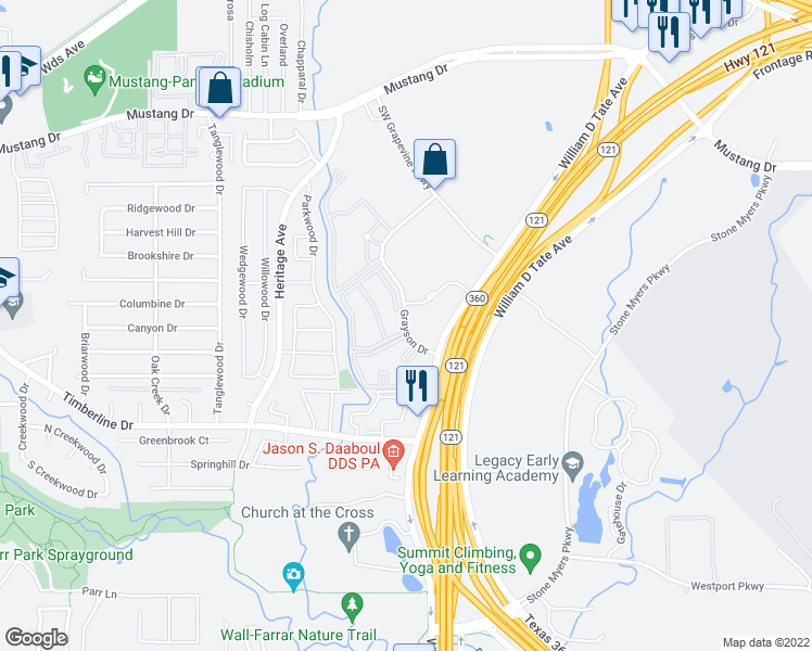 map of restaurants, bars, coffee shops, grocery stores, and more near 2307 Grayson Drive in Grapevine