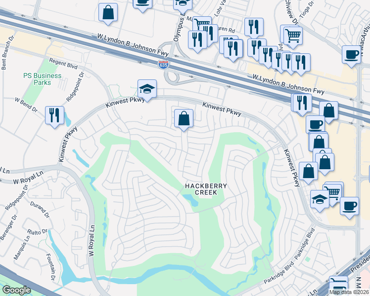 map of restaurants, bars, coffee shops, grocery stores, and more near 7621 Cedar Elm Drive in Irving