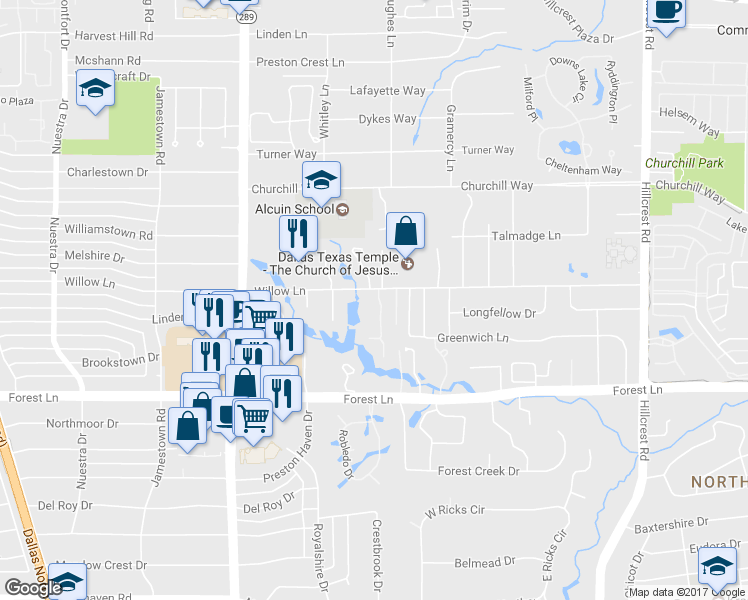 map of restaurants, bars, coffee shops, grocery stores, and more near 6234 Willowgate in Dallas