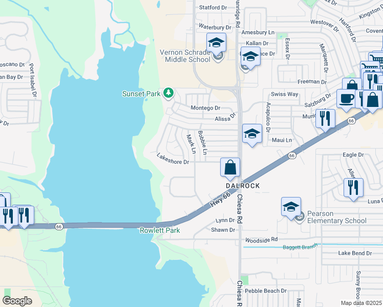map of restaurants, bars, coffee shops, grocery stores, and more near 5809 Mark Lane in Rowlett
