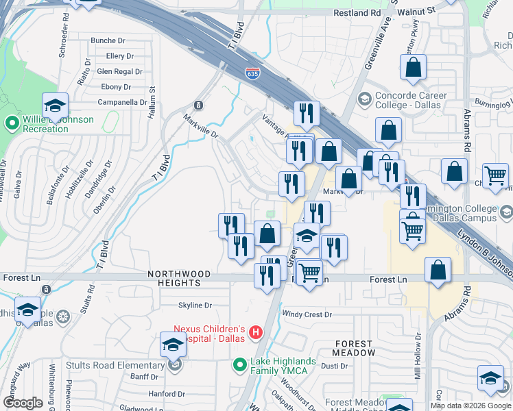 map of restaurants, bars, coffee shops, grocery stores, and more near 9050 Markville Drive in Dallas
