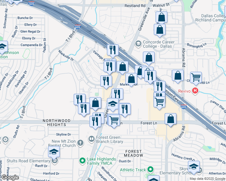 map of restaurants, bars, coffee shops, grocery stores, and more near 11913 Greenville Avenue in Dallas