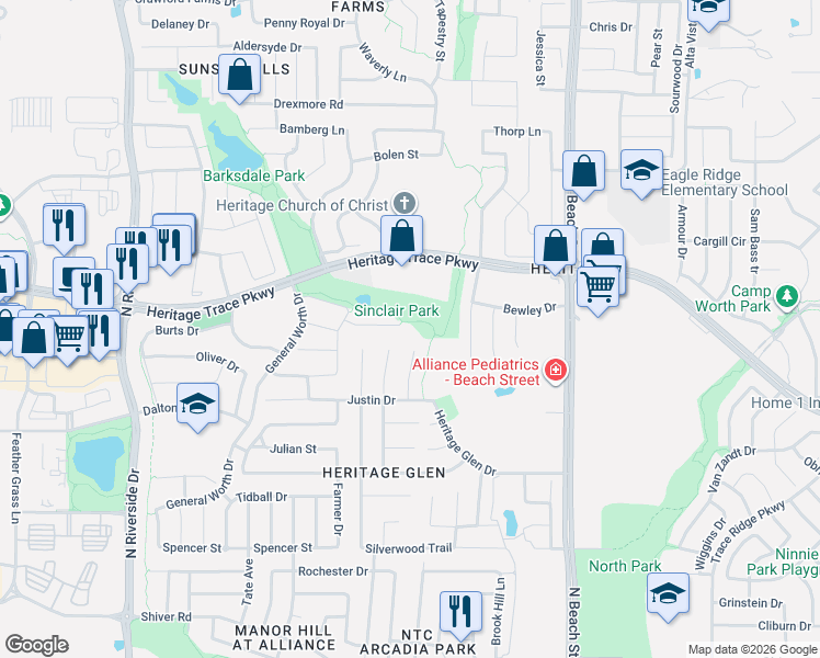 map of restaurants, bars, coffee shops, grocery stores, and more near 4140 Willingham Court in Fort Worth