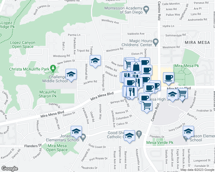 map of restaurants, bars, coffee shops, grocery stores, and more near 10730 Fenwick Road in San Diego