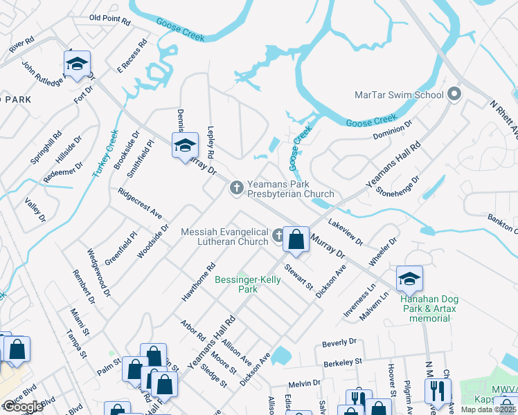 map of restaurants, bars, coffee shops, grocery stores, and more near 5923 Murray Avenue in Hanahan