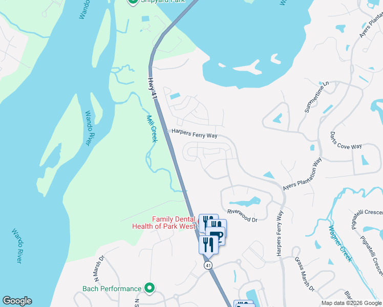 map of restaurants, bars, coffee shops, grocery stores, and more near 3057 Sturbridge Road in Mount Pleasant