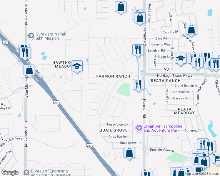 map of restaurants, bars, coffee shops, grocery stores, and more near 9520 Brittlebrush Trail in Fort Worth