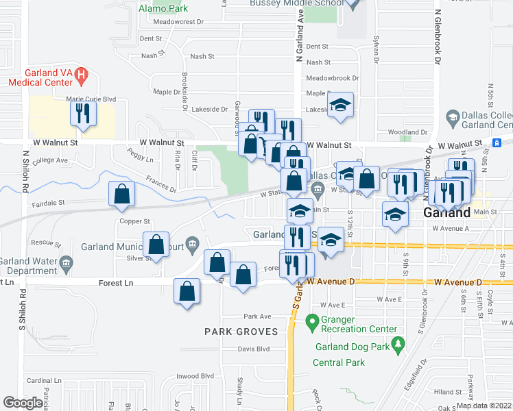 map of restaurants, bars, coffee shops, grocery stores, and more near 112A McKinley Street in Garland
