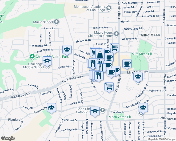 map of restaurants, bars, coffee shops, grocery stores, and more near 7960 Landon Place in San Diego