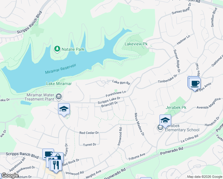 map of restaurants, bars, coffee shops, grocery stores, and more near 10555 Pine Falls Court in San Diego