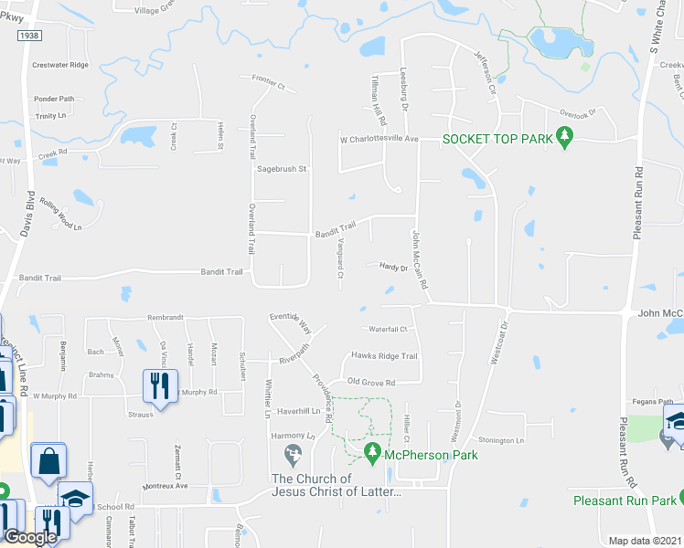 map of restaurants, bars, coffee shops, grocery stores, and more near 7201 Vanguard Court in Colleyville