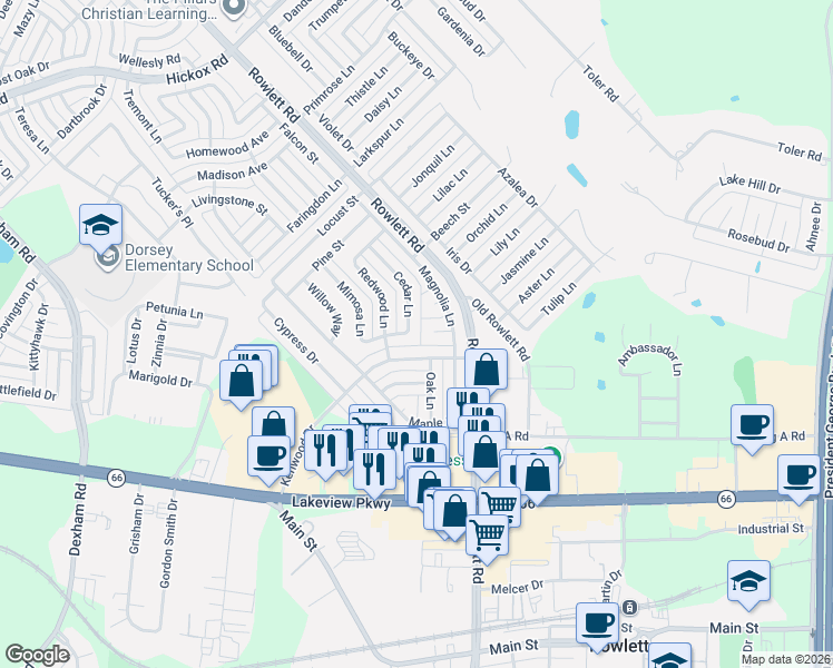 map of restaurants, bars, coffee shops, grocery stores, and more near 5901 Cedar Lane in Rowlett