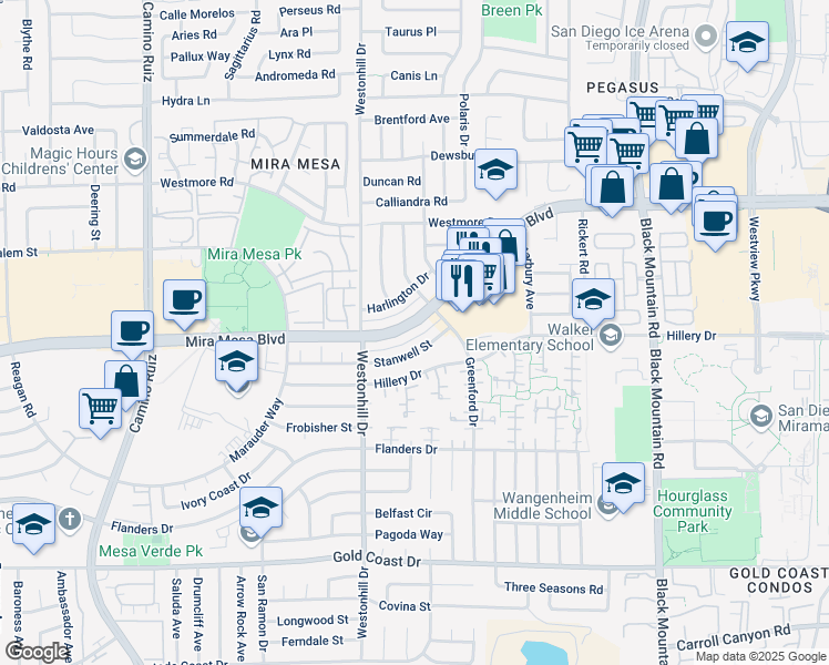 map of restaurants, bars, coffee shops, grocery stores, and more near 8845 Mira Mesa Boulevard in San Diego