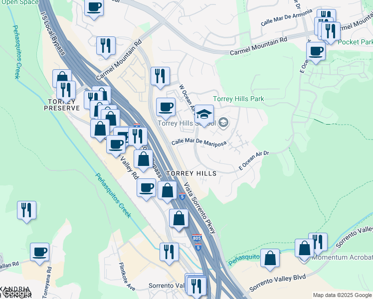 map of restaurants, bars, coffee shops, grocery stores, and more near 10635 Calle Mar De Mariposa in San Diego
