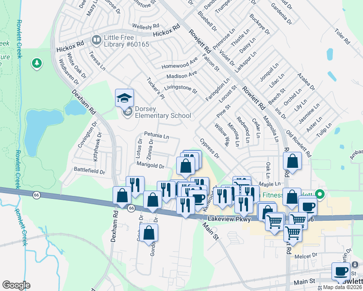 map of restaurants, bars, coffee shops, grocery stores, and more near 5822 Begonia Drive in Rowlett