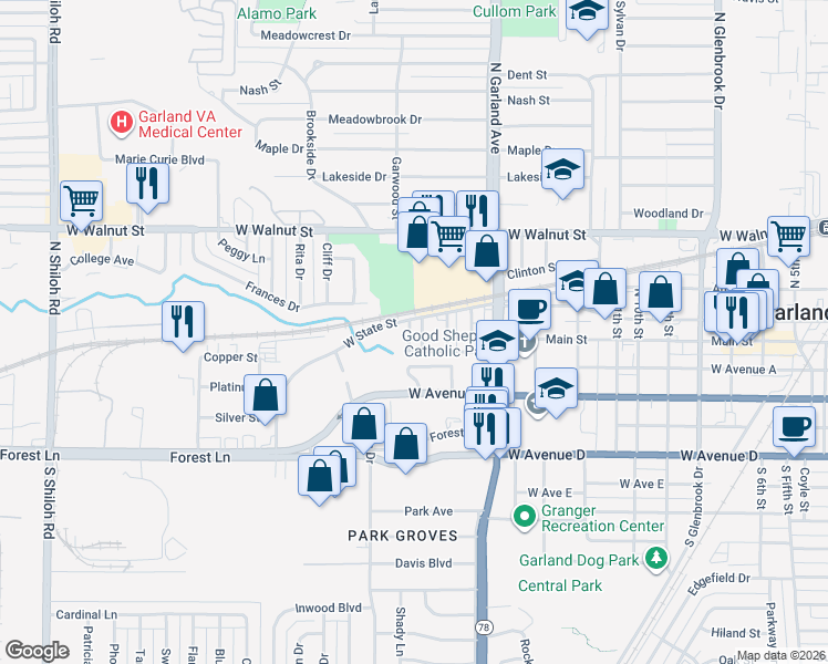 map of restaurants, bars, coffee shops, grocery stores, and more near 112A McKinley Street in Garland