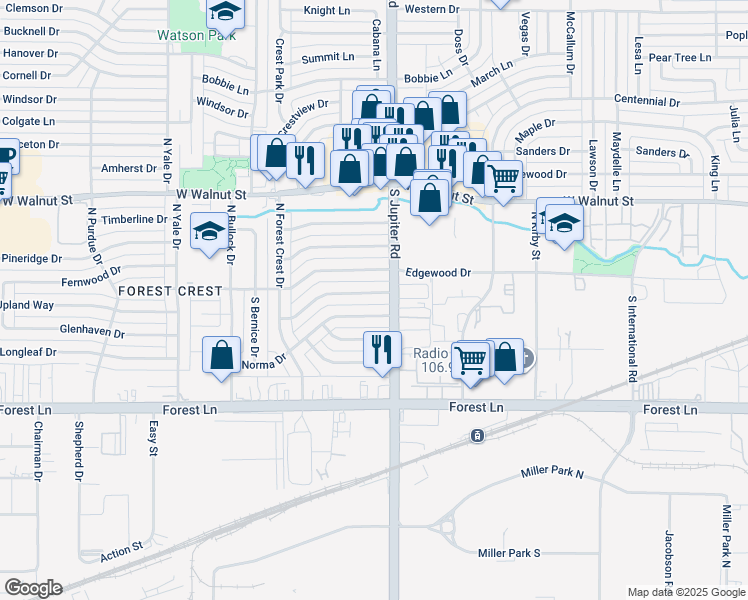 map of restaurants, bars, coffee shops, grocery stores, and more near 3518 Cherryhill Lane in Garland
