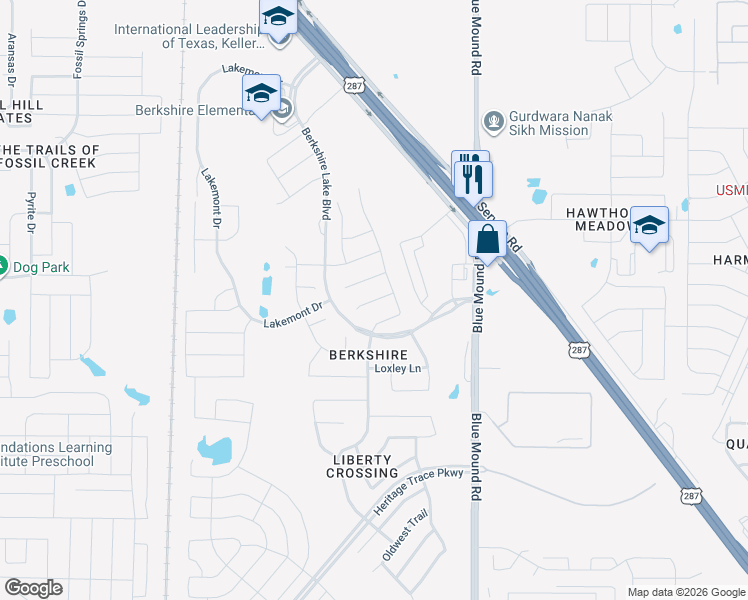 map of restaurants, bars, coffee shops, grocery stores, and more near 629 Bridgewater Road in Fort Worth