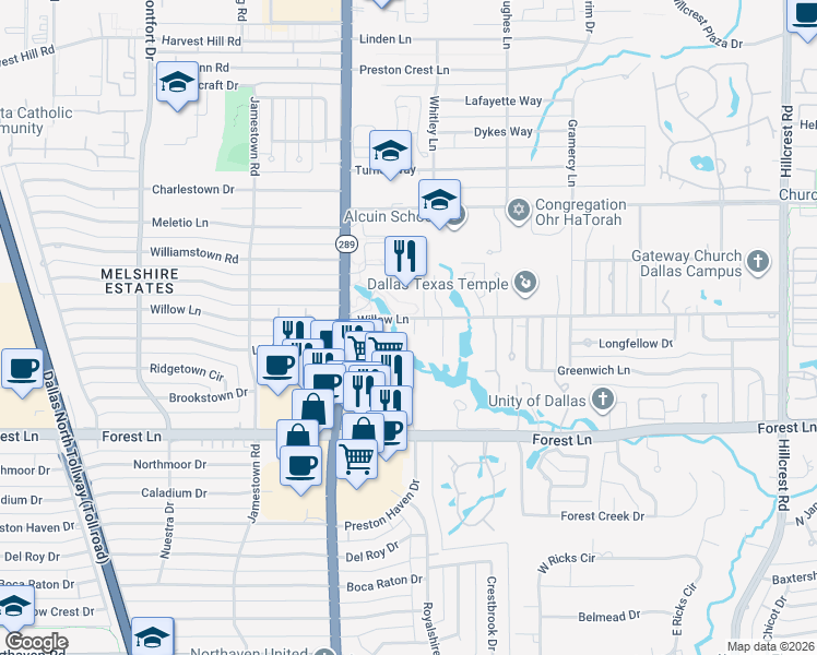 map of restaurants, bars, coffee shops, grocery stores, and more near 12015 Timberlake Court in Dallas
