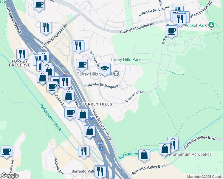 map of restaurants, bars, coffee shops, grocery stores, and more near 10781 Calle Mar De Mariposa in San Diego