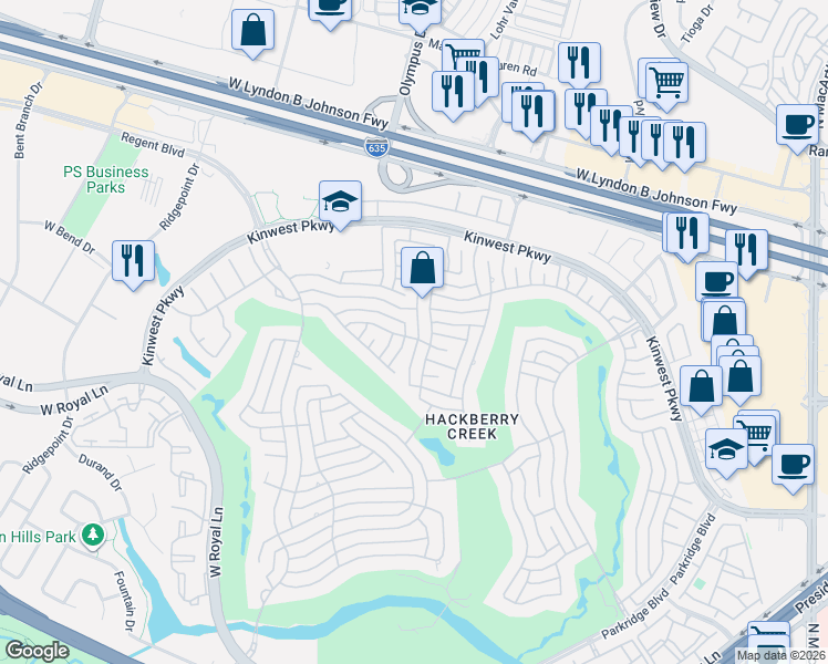 map of restaurants, bars, coffee shops, grocery stores, and more near 7621 Cedar Elm Drive in Irving
